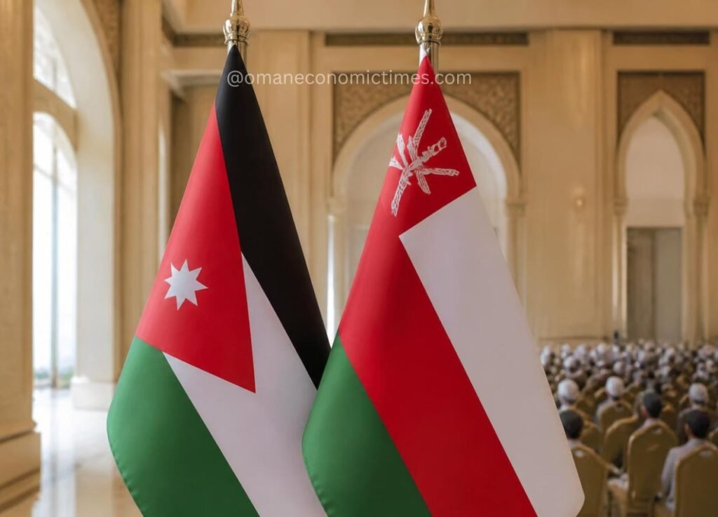 22 - Oman Economic Times Two national flags (Jordan and Oman) displayed in a ceremonial hall with an audience seated in the background.