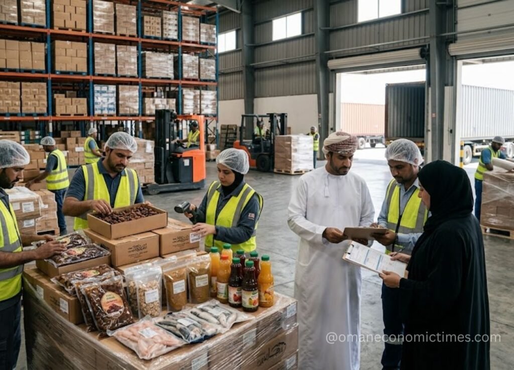Warehouse workers in safety vests and hair nets inspect boxes and bottled goods on a pallet in a loading dock warehouse.
