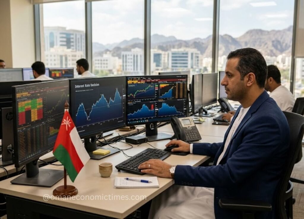 28 - Oman Economic Times A man in a blue blazer sits at a desk with multiple monitors displaying stock charts in a modern office, Oman flag on the desk.