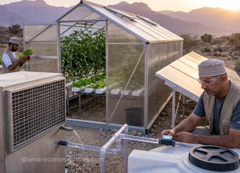 36 - Oman Economic Times Two men tending lettuce in a small desert greenhouse with a hydroponic system and a water reservoir nearby.