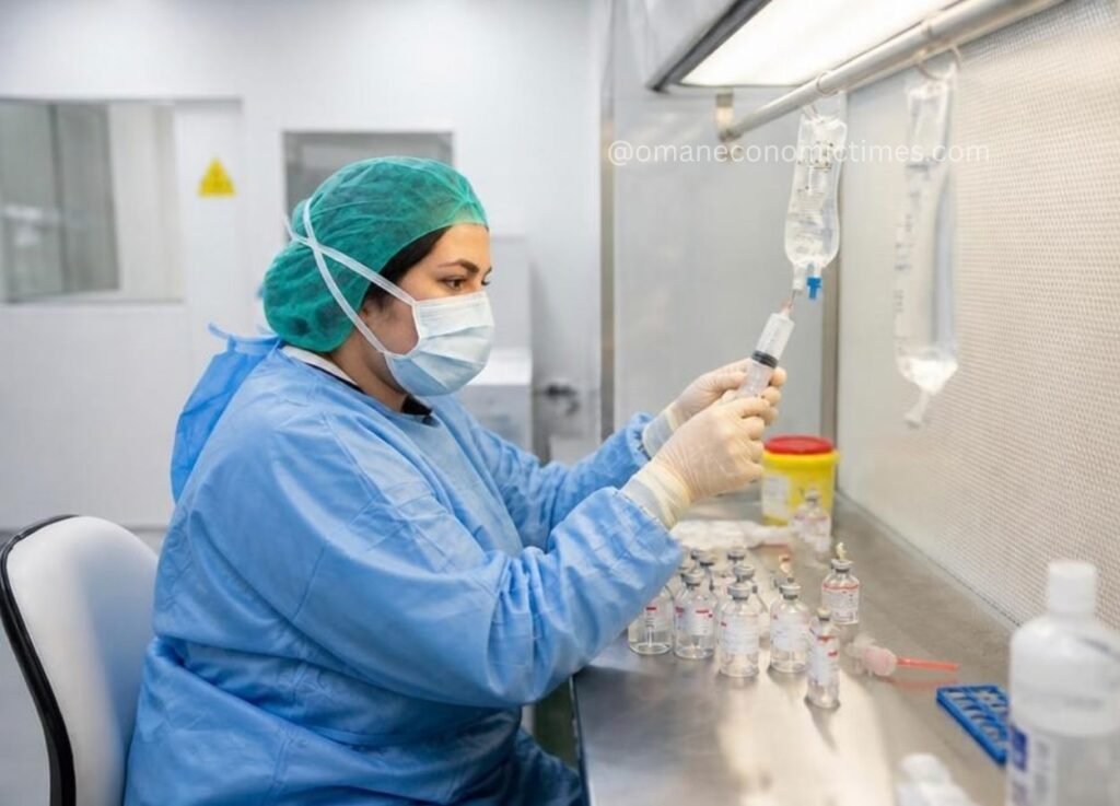 37 - Oman Economic Times Healthcare worker in scrubs, mask, and gloves prepares a syringe at a sterile lab bench in a clinical setting.