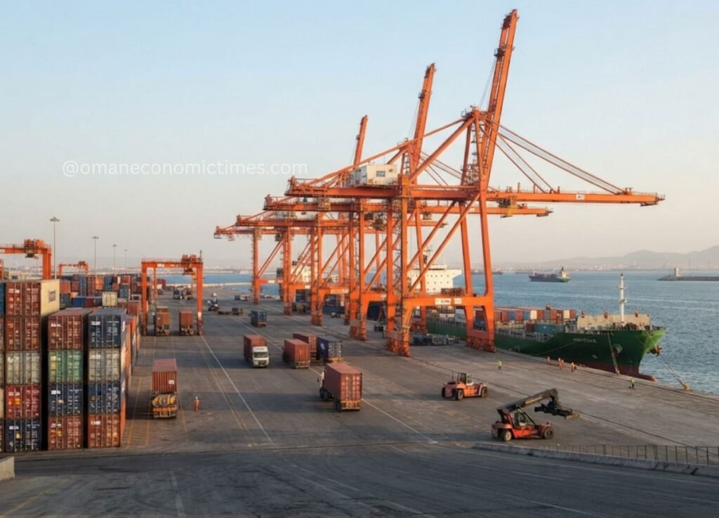 Port scene with tall orange gantry cranes, stacked shipping containers, and trucks by the water