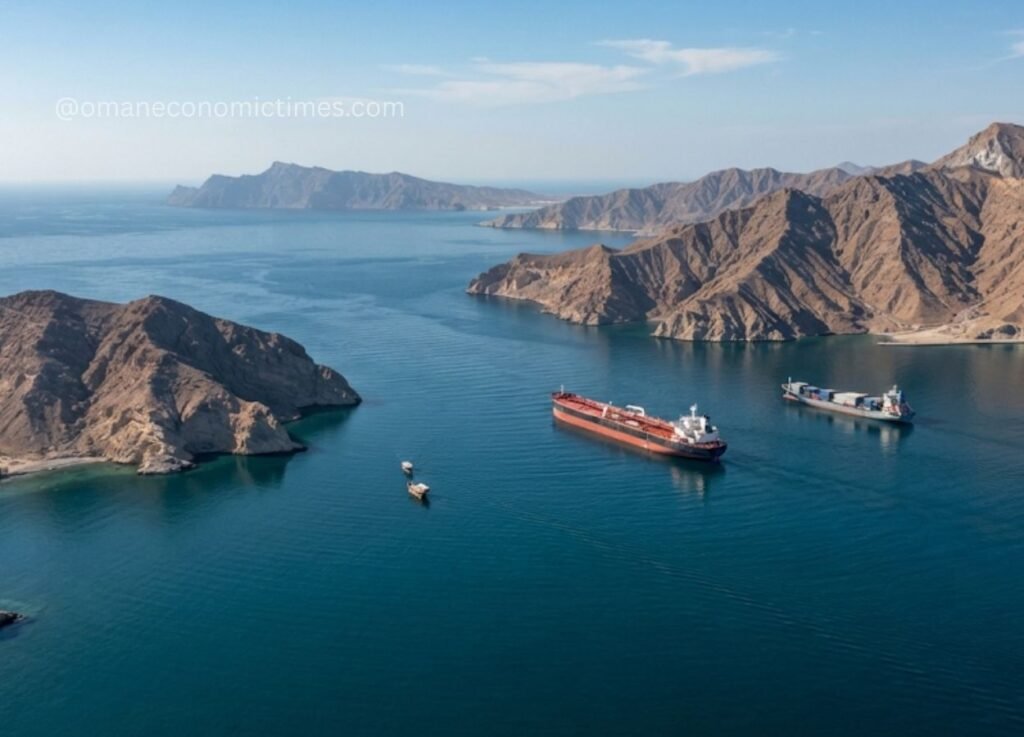 Aerial view of a calm blue bay surrounded by rugged brown mountains with several cargo ships anchored in the inlet.