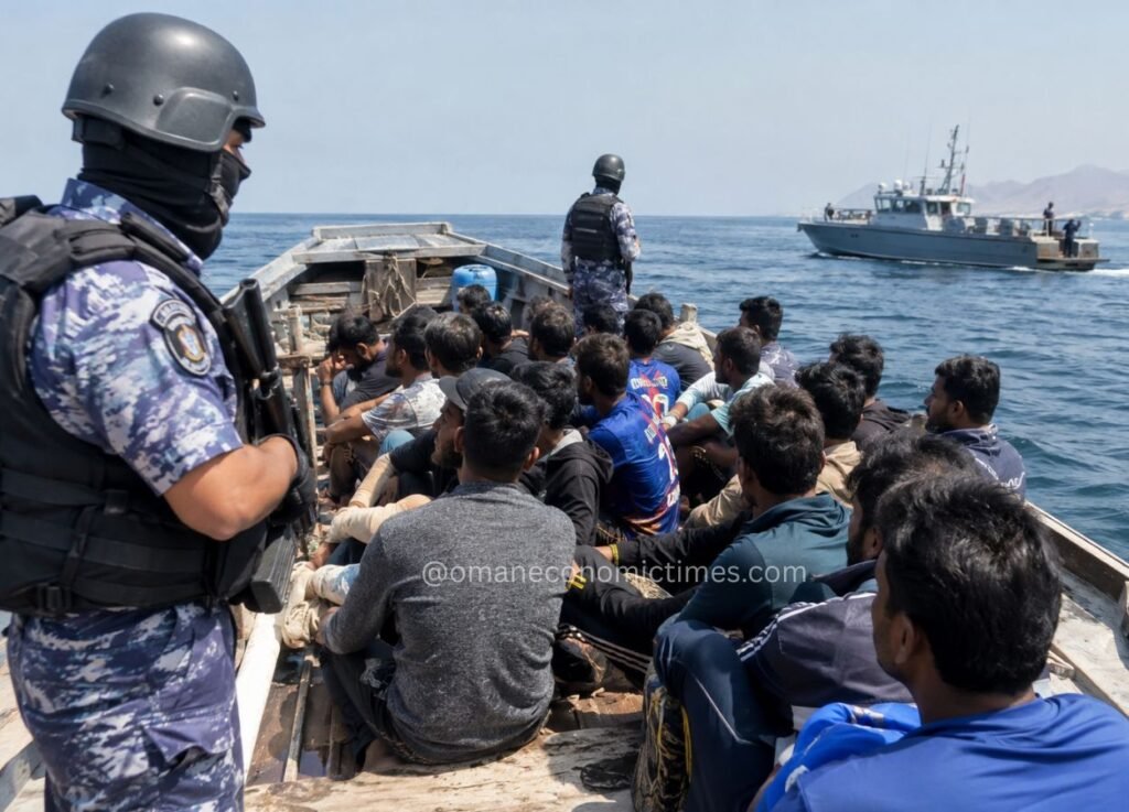 52 - Oman Economic Times A heavily armed officer in tactical gear stands at the stern of a crowded wooden boat filled with men at sea, with a patrol vessel in the distance.