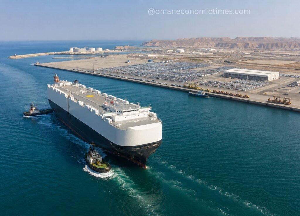 6 - Oman Economic Times Massive white ferry entering a harbor, guided by two tugboats, with an industrial port and desert hills in the background.