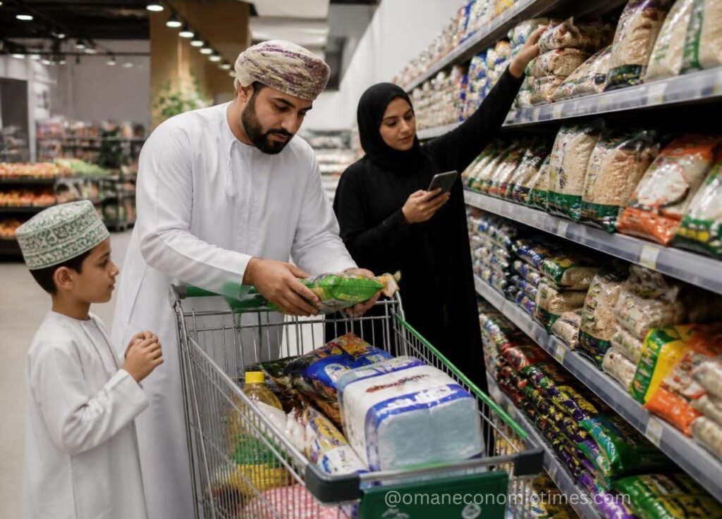 Family grocery shopping in a supermarket: man in a white kandura with a scarf, a woman in a hijab using her phone, and a boy in a kufi beside a cart full of groceries.